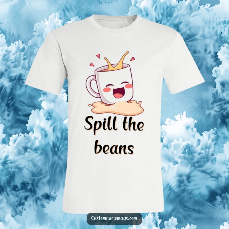Funny Kawaii coffee mug character tipping over and spilling while laughing hysterically, a humorous t-shirt for coffee lovers.
