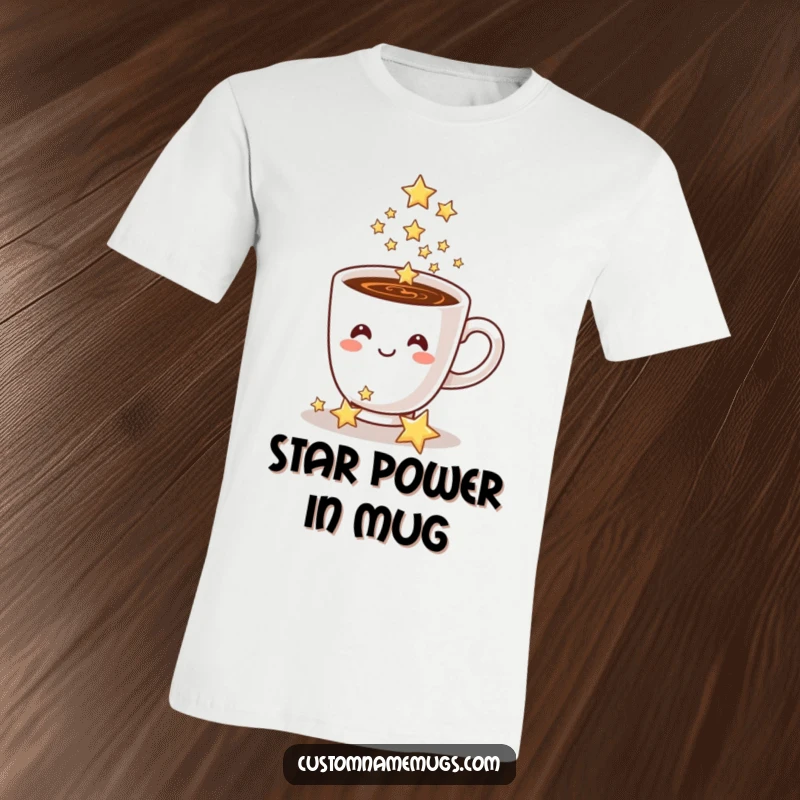 Funny coffee cup t-shirt, a smiling cup pouring sparkling stars, symbolizing joy and a magical vibe.