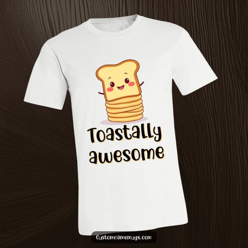 Funny t-shirt featuring a smug slice of toast balancing a wobbly stack of pancakes that are about to tumble. Great for foodies.