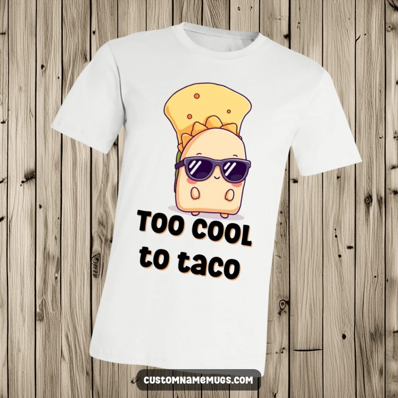 Funny t-shirt of a shy taco hiding behind a chip, wearing sunglasses, conveying a sense of cool and playful secrecy.