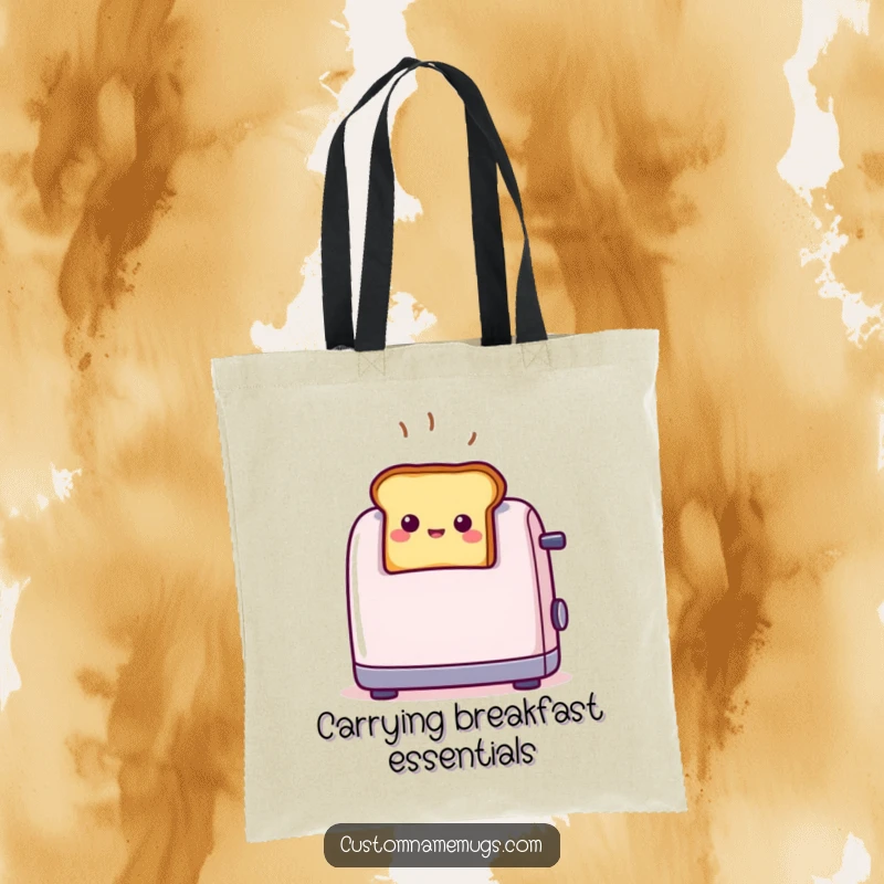 Funny tiny smiling toast popping out of a toaster with surprise, printed on a durable tote bag for stylish daily use.