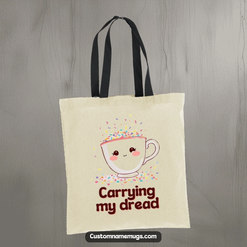 Funny tote bag with a shy teacup character with rosy cheeks, desperately trying to escape a flood of tiny, colorful sprinkles.