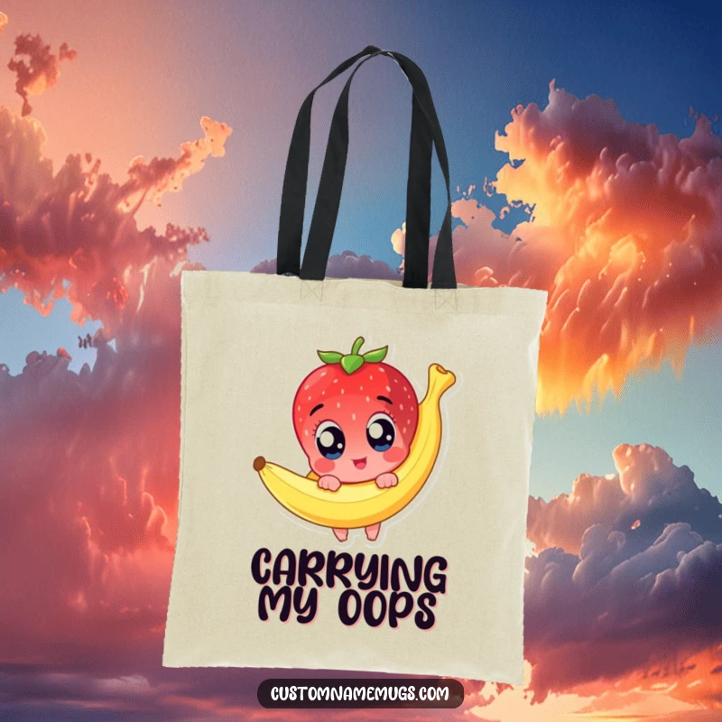 Funny tote bag depicting a cute strawberry character with wide, startled eyes slipping dramatically on a banana peel, showcasing a humorous mishap.