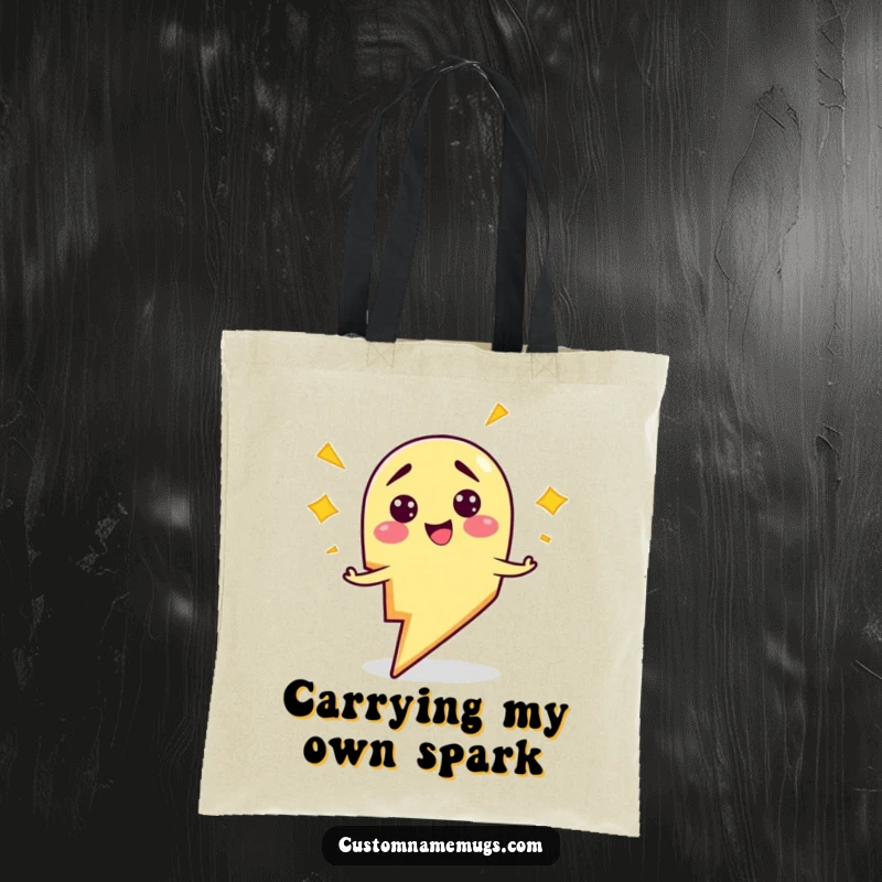 Funny tote bag with a smiling, clumsy lightning bolt character comically zapping himself, ideal for a humorous gift.