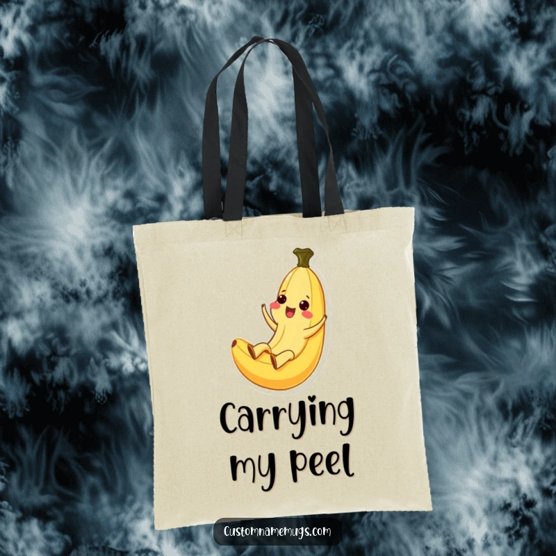 Funny Kawaii banana character gleefully sliding down a peel on a durable tote bag, showcasing ecstatic joy.