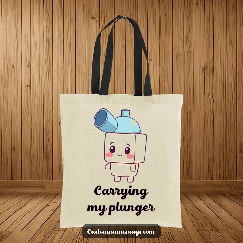 Funny tote bag depicting a confused but happy blocky character wearing a plunger as a hat, a humorous and practical accessory.