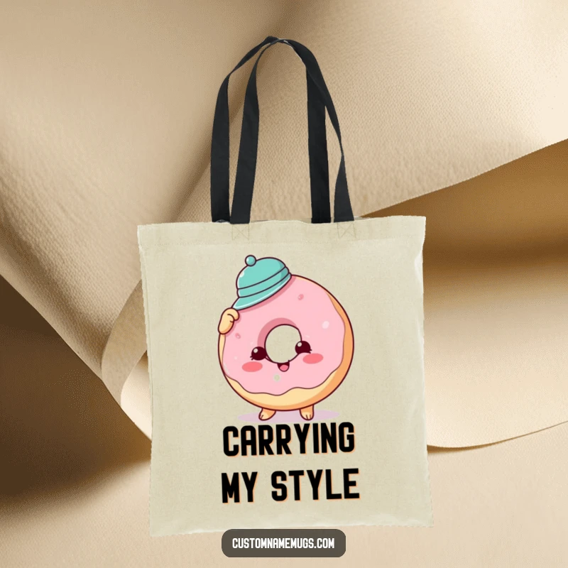 Funny donut hat tote bag with a cheerful donut character comically trying to wear a tiny hat, ideal for carrying groceries or baked goods.