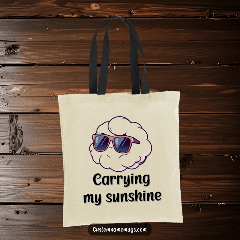 Funny tote bag featuring a fluffy cloud floating away wearing oversized sunglasses, perfect for carrying items with breezy humor.
