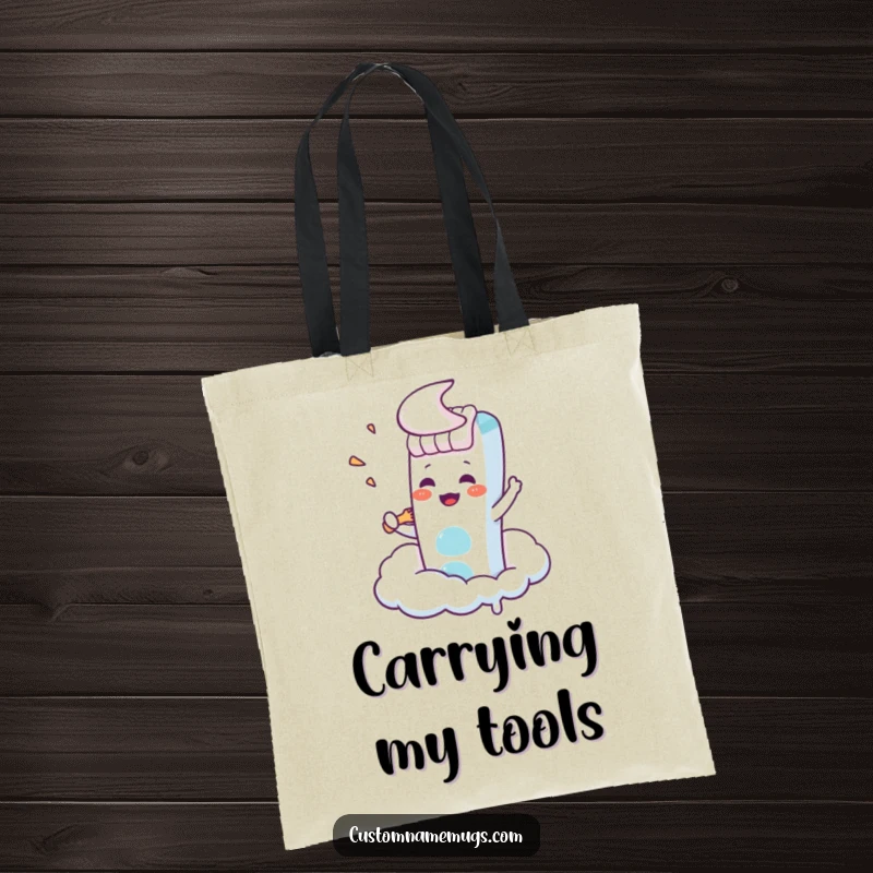 Funny Kawaii toothbrush character trying to brush a cloud, a humorous and practical tote bag.