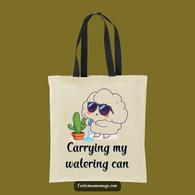 Funny Gardening Tote Bag: Cloud Character Cactus, Quirky Accessory Gift