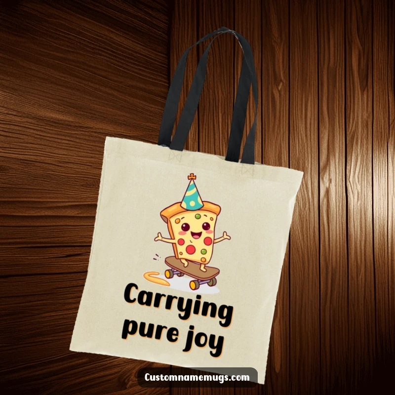 Funny Pizza Skateboarder Tote Bag: A happy pizza slice in a party hat skateboarding down sauce, adding humor and making a funny gift.