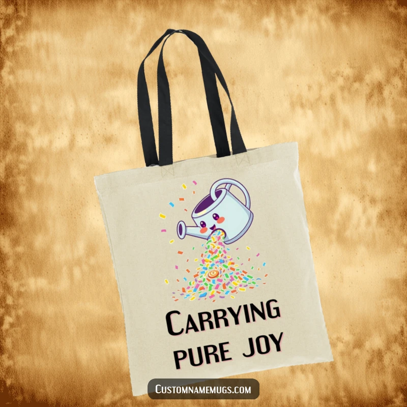 Funny Tote Bag: Giggling watering can pouring a cascade of colorful confetti, a joyful and practical accessory.