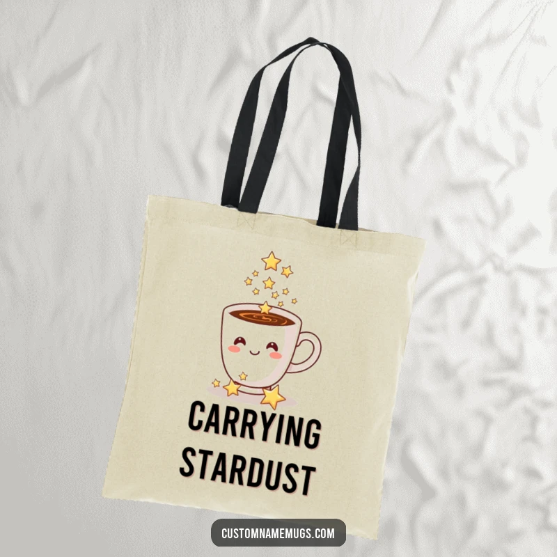Funny coffee cup tote bag, a smiling cup pouring sparkling stars, perfect for carrying magic and daily items.