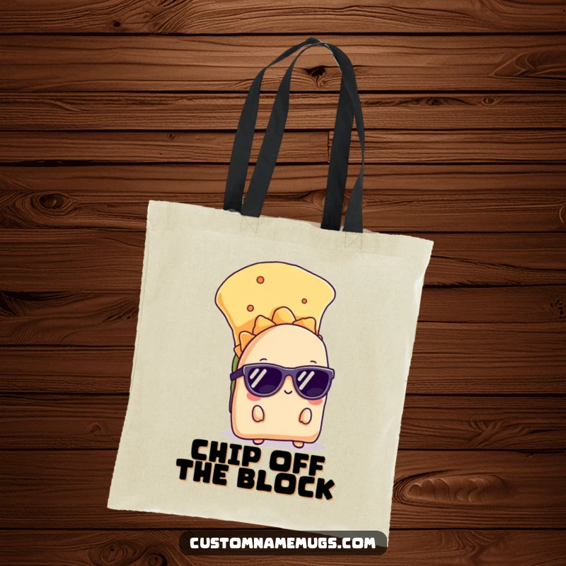 Funny tote bag with a shy taco wearing sunglasses, peeking from behind a chip, perfect for carrying items with playful mystery.