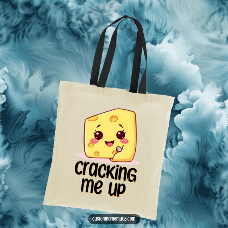 Funny tote bag with a mischievous cheese wedge character hiding behind a giant cracker, perfect for carrying humor.