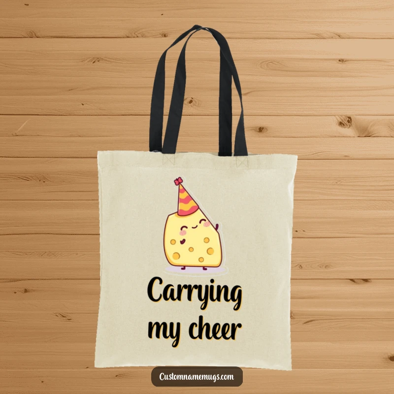 Funny Tote Bag: Jolly cheese wedge attempting to balance a tiny party hat, a humorous and practical accessory.