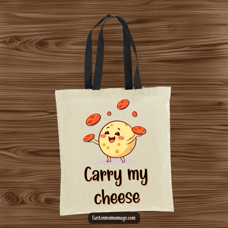 Funny tote bag featuring a round cheese character happily juggling pepperoni slices like frisbees, ideal for carrying essentials with humorous flair.