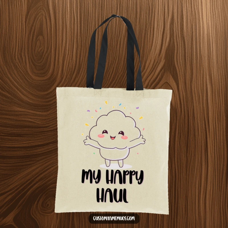 Funny tote bag showing a smiling cloud character with arms wide open, welcoming a cascade of colorful confetti, symbolizing joyous festivities.