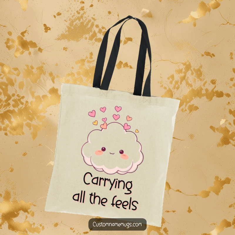 Funny Tote Bag: Cute, fluffy cloud character playfully raining little colorful hearts onto its own head, spreading happiness.