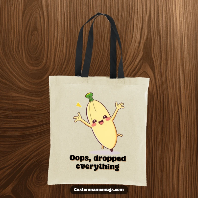 Funny Clumsy Banana Peel Tote Bag: A banana peel slips comically, ideal for carrying essentials humorously.