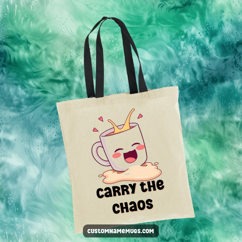Funny Kawaii coffee mug character comically spilling while laughing hysterically, a humorous tote bag for coffee lovers.