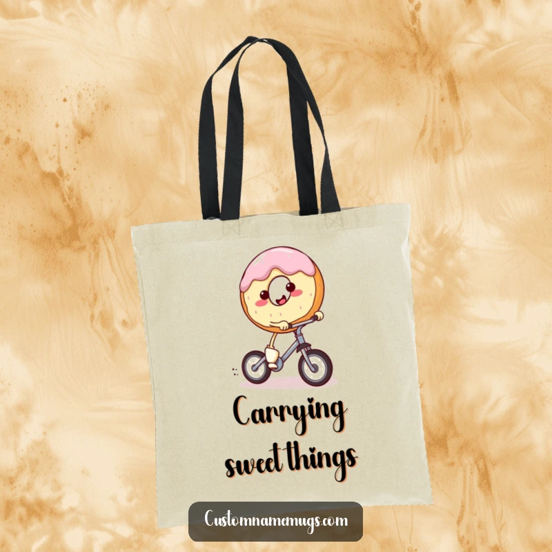 Funny tote bag showing a smiling, round donut character with tiny legs riding a miniature unicycle with enthusiasm. Practical and humorous.