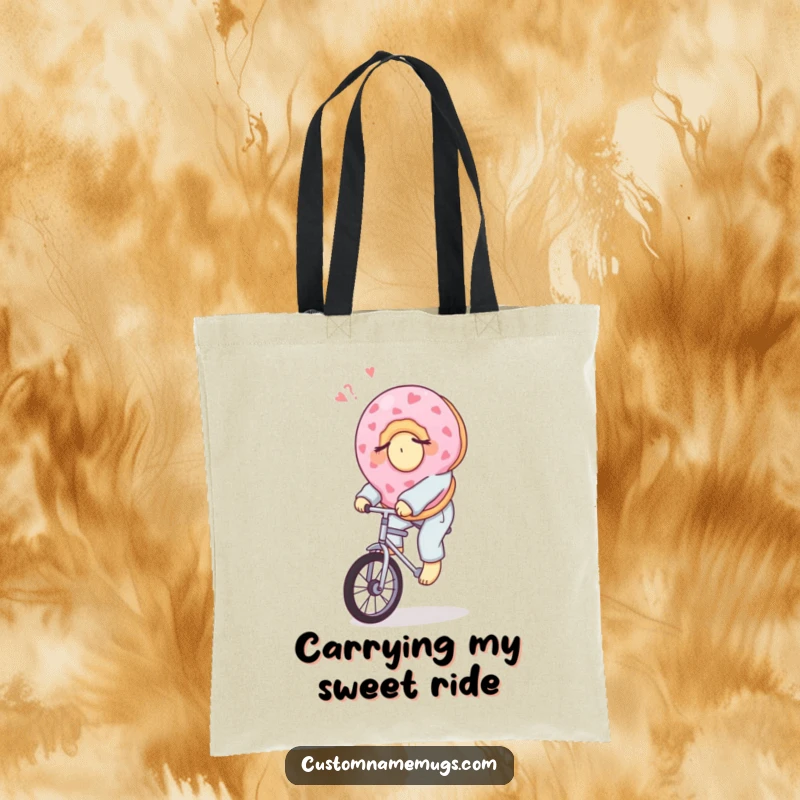 Funny tote bag featuring a sleepy donut in pajamas riding a unicycle, perfect for carrying items with sweet humor.