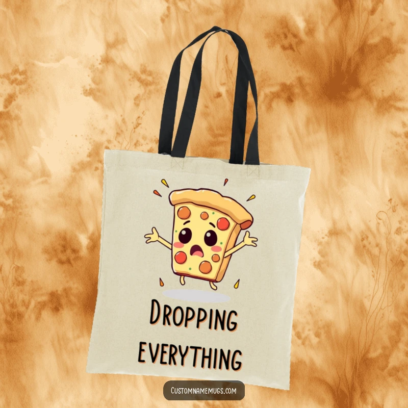 Funny tote bag depicting a pizza slice with arms flailing as it falls, ideal for carrying items with a touch of pizza pandemonium.