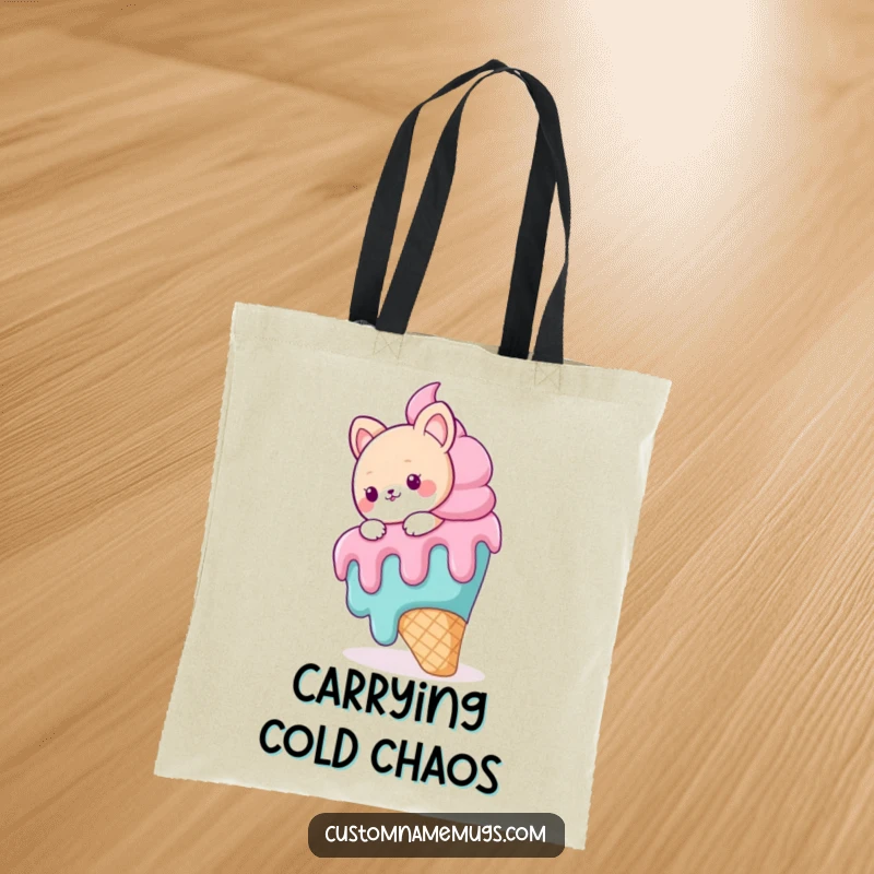 Funny tote bag showcasing a cute animal character comically slipping on a huge, melting ice cream cone, great for everyday use.