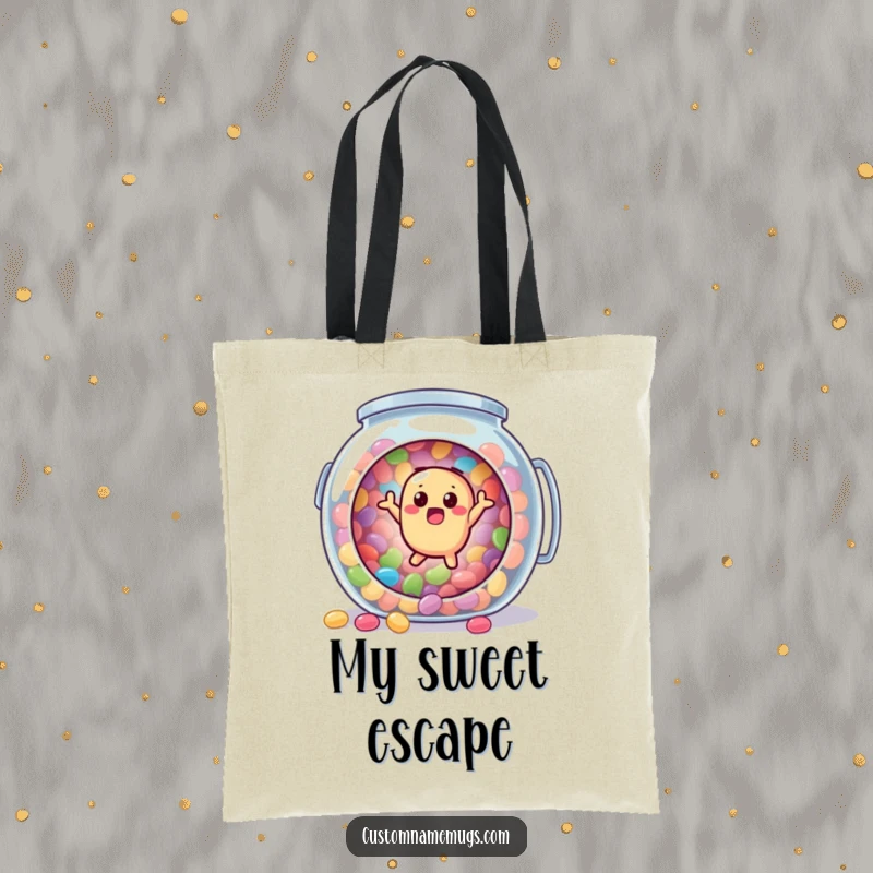 Funny tote bag showing a surprised jellybean character comically bouncing out of a giant, open candy jar, perfect for carrying goodies.