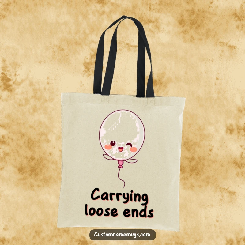 Funny Kawaii balloon character bursting while attempting to fly, a humorous and practical tote bag.