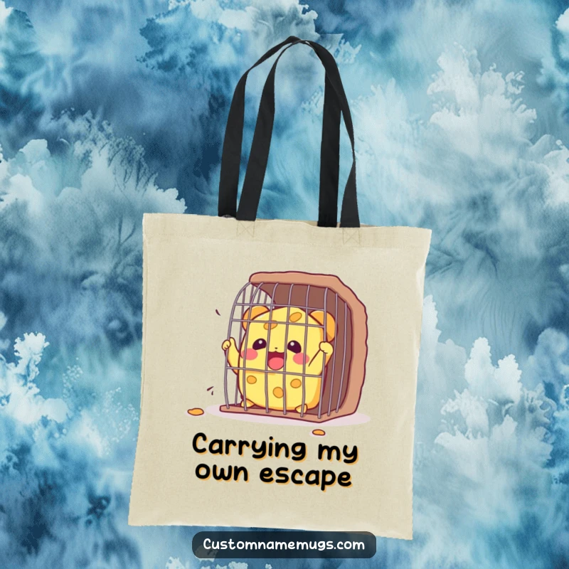 Funny Kawaii cheese character joyfully escaping a small cage, a humorous tote bag for shopping and everyday use.