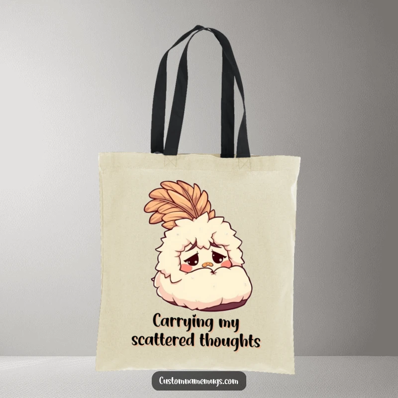 Funny Slipper Tote Bag: A bewildered, fluffy slipper adorned with a feather, ideal for carrying humor and making a funny gift.
