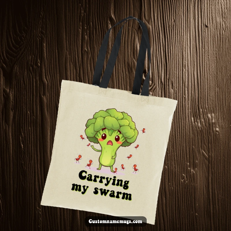 Funny tote bag featuring a surprised broccoli character juggling tiny dancing ants, ideal for humorous carrying.