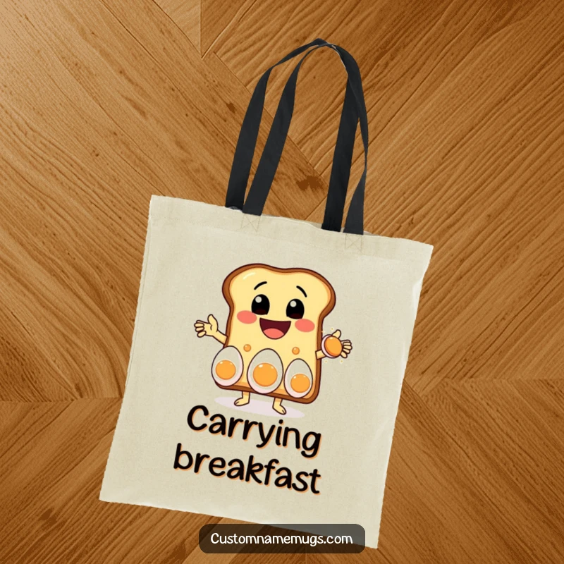 Funny tote bag showcasing a delighted toast character with a huge grin, juggling three eggs, perfect for carrying breakfast items or market finds.