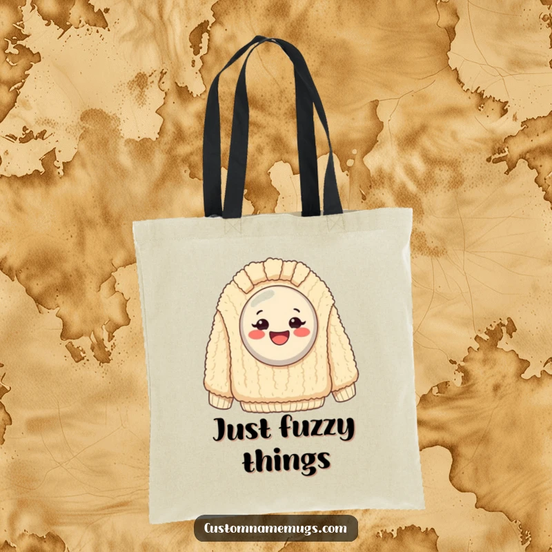 Funny Tote Bag: Exaggeratedly happy button stuck on a giant, fuzzy sweater, perfect for humorous everyday use.