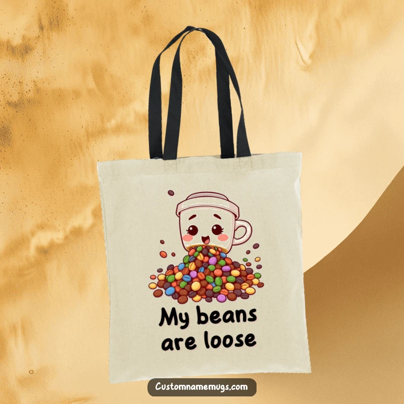 Funny tote bag showcasing a cute, clumsy coffee cup character spilling colorful beans, a whimsical and practical accessory for coffee lovers.