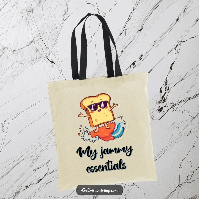 Funny tote bag showcasing a toast character in sunglasses surfing a giant jam wave, perfect for carrying essentials with humorous style.