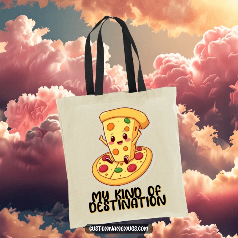 Funny cheese pizza tote bag with a proud cheese slice character falling into a giant pizza, ideal for grocery runs or carrying snacks.